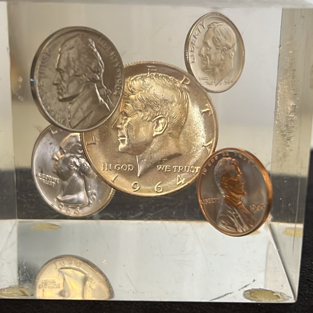 1964 Lucite paperweight coins half dollar dime nickel penny quarter 2.5” square
